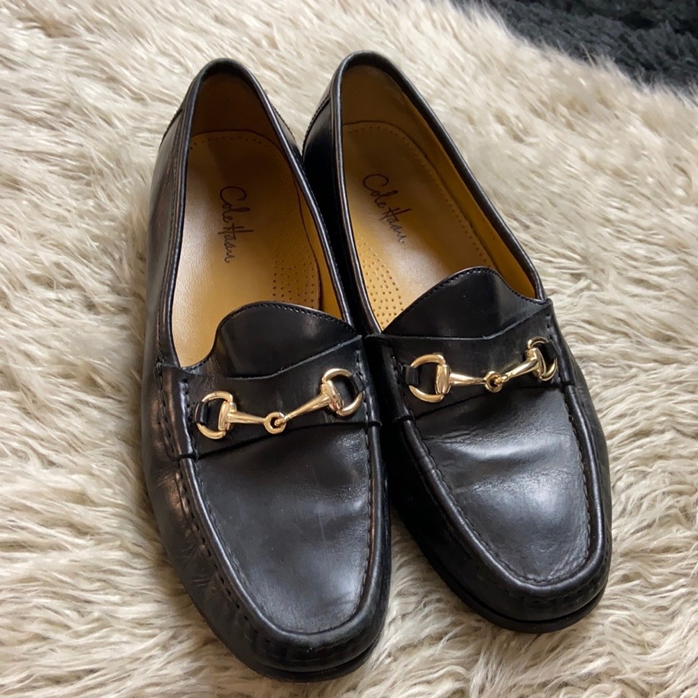 Cole Haan Black Leather Loafers with Gold Accents